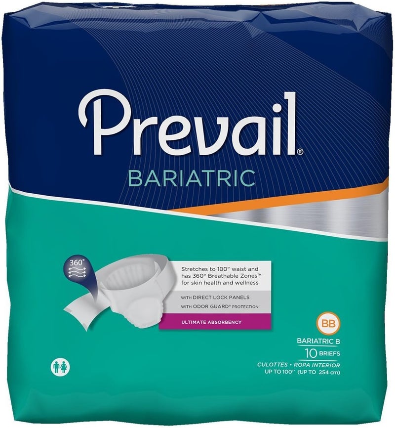 Prevail Bariatric Incontinence Briefs, Unisex Disposable Adult Diaper, Size B, 10 Count - Image 1